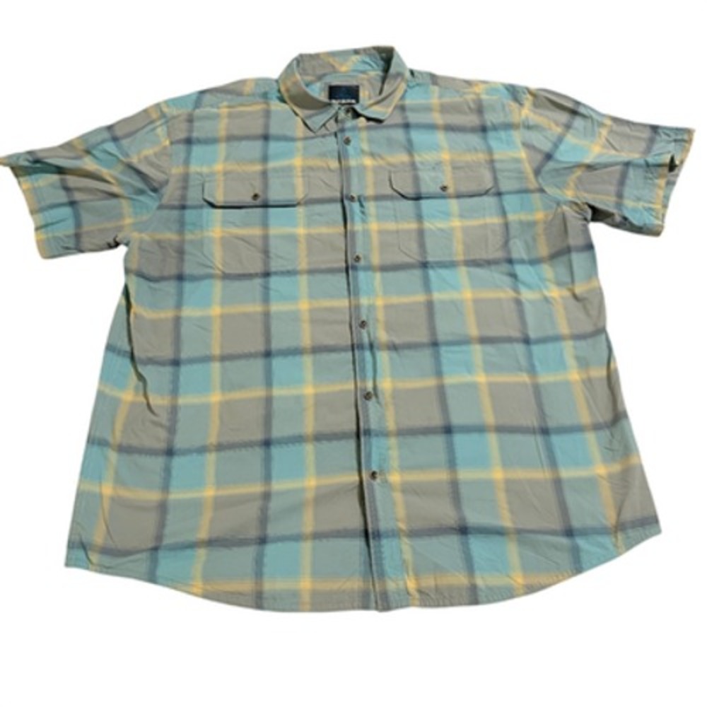 Prana Shirt Plaid Short Sleeve Button Up Mens XL Blue Yellow Cotton Regular Fit
